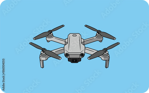 Modern grey quadcopter drone with camera flying against a clear blue background