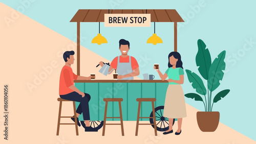 A delightful illustration of a coffee cart serving customers with hot beverages in a vibrant and casual outdoor setting