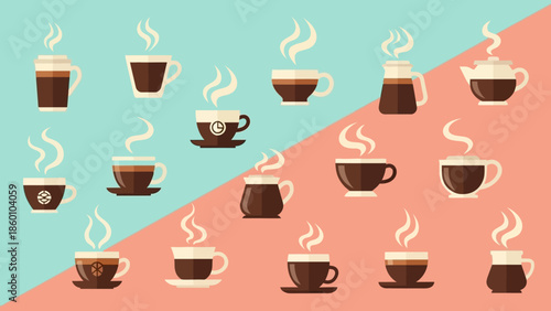 A Collection of Steaming Coffee Cups and Mugs in Various Styles on a Split Color Background