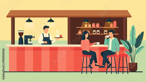 Cozy coffee shop scene with a barista serving customers enjoying their drinks