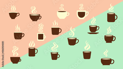 A cheerful collection of steaming coffee cups displayed on a split pastel background, symbolizing morning energy and warm beverages