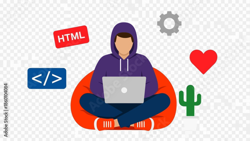 Young programmer working on a laptop with coding icons and symbols in a playful, creative workspace setting