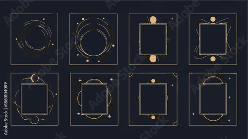 Set of Golden Minimalist Esoteric Line Art Frames and Geometric Borders Vector Collection