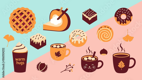 Cozy Autumn Sweets and Warm Drinks Assortment - A delightful collection of seasonal treats including pies, donuts, cakes, and hot beverages, perfect for fall