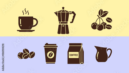 Collection of coffee-related icons including a mug, coffee maker, beans, paper cup, bag, and milk jug