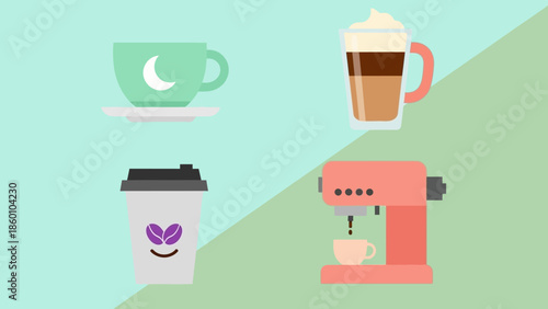 Collection of coffee and tea beverages and coffee making equipment