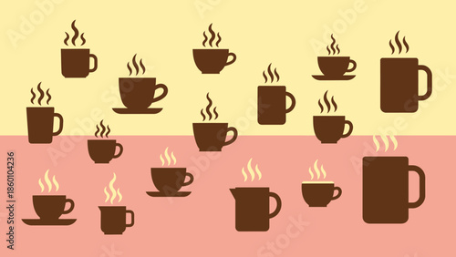 A charming collection of coffee cups with steam rising, perfect for cafe or morning beverage branding