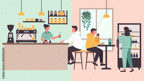 Cozy coffee shop with customers enjoying beverages and treats