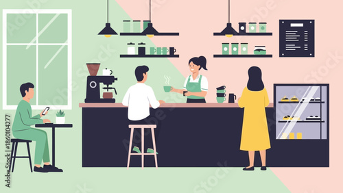Cozy coffee shop scene with customers and barista serving drinks and pastries