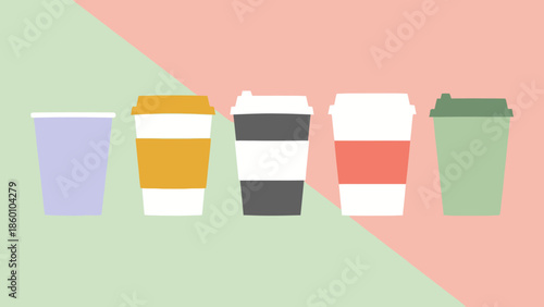 Collection of colorful disposable coffee cups with lids and sleeves, perfect for branding and design