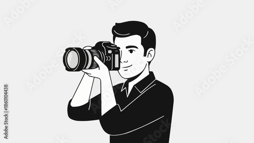 Man holding DSLR camera taking a photo illustration.