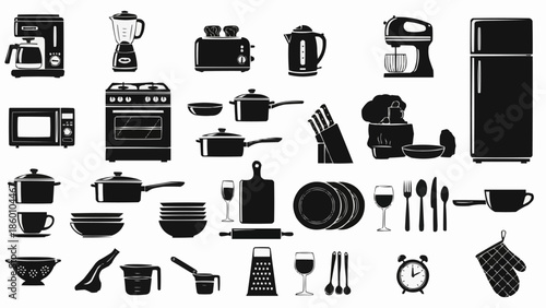 Kitchen Utensils and Appliances Silhouettes Collection.