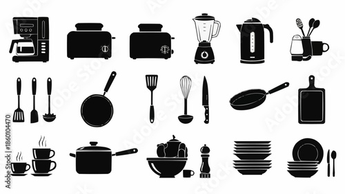 Kitchen Utensils and Appliances Set for Cooking and Dining.