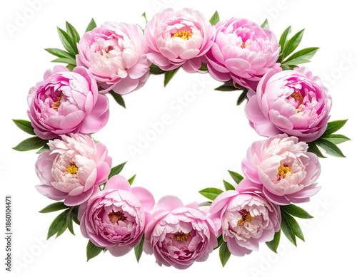 Delicate circular floral frame made of lush pink peony blossoms arranged around the edges on a transparent background