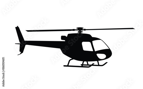 Black helicopter silhouette icon isolated on white background for aviation transportation and military flight design projects.