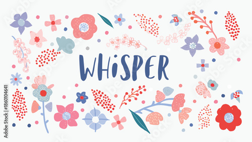 Vibrant floral pattern with Whisper text in blue