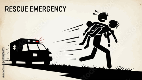 Man carrying children running towards ambulance during rescue emergency.