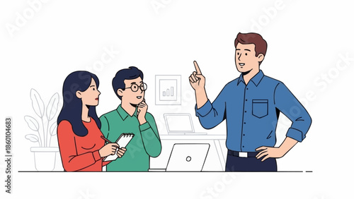 Man explaining ideas to two attentive colleagues in a meeting.
