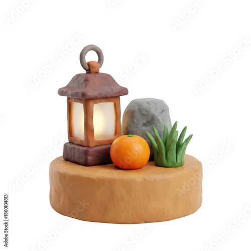 Clay Diorama Display Featuring a Glowing Lantern a Mandarin Orange and Green Grass on a Round Pedestal Base with a Stone Accent isolate transparent background