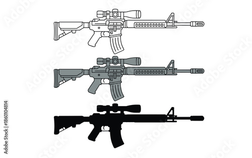 Professional military rifle weapon illustrations featuring detailed outline grey shaded and solid black vector silhouette designs