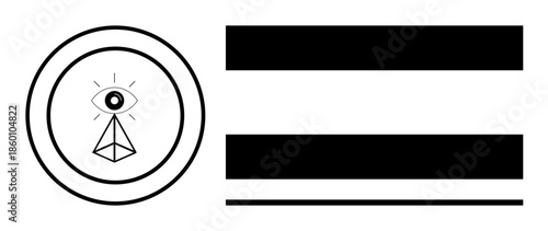 Single eye atop pyramid encircled with minimalistic lines, flanked by bold horizontal bars. Ideal for vision, surveillance, precision, mystery, balance, design metaphysical themes. Simple flat