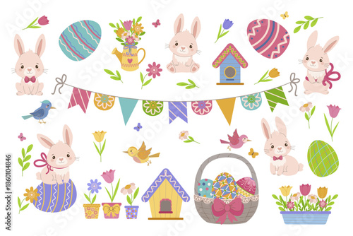 Adorable vector illustration featuring playful bunnies, colorful Easter eggs, and festive spring decorations. Perfect for celebrating Easter with cheerful and whimsical designs.
