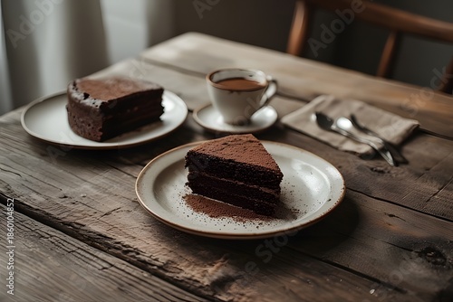 Two Slices of Gourmet Flourless Chocolate Cake with Cocoa Powder and Coffee Cup on Vintage Wooden Table