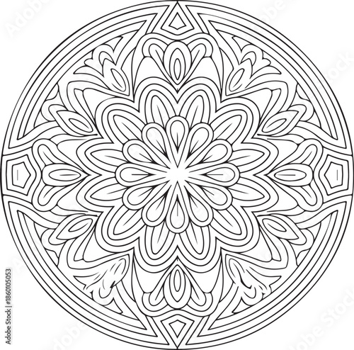 An elaborate, hand-drawn zen coloring template in a radial, geometric style, combining elements of nature and abstract art for a mindful activity. 