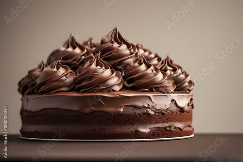 Close Up of Rich Chocolate Mousse Cake Topped with Massive Decorative Ganache Swirls