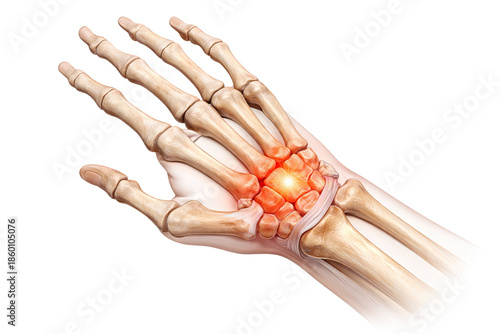 Human hand wrist joint inflammation pain with skeletal anatomy medical illustration bone injury isolated on white background