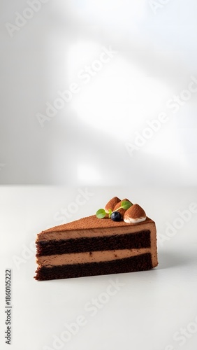 Elegant Slice of Chocolate Mousse Cake with Cocoa Dusting and Blueberry Garnish on White Surface