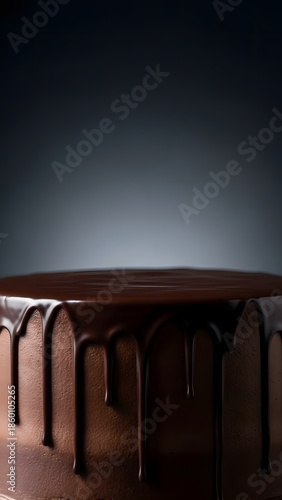 Close Up of Dark Chocolate Ganache Drip Cake with Glossy Glaze on Dark Moody Background