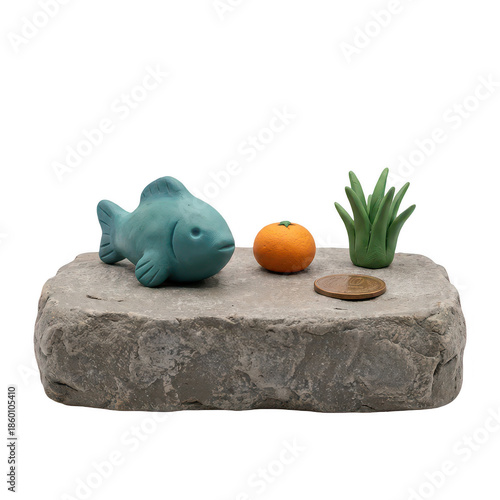Clay Diorama Of A Teal Fish A Small Orange Sphere And Green Grass On A Stone Base With A Coin isolate transparent background