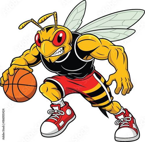 Muscular cartoon bee in basketball gear dribbling ball aggressively