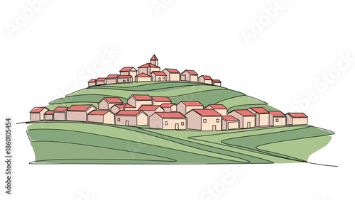 Quaint village on a hill with red roofs and green surroundings.