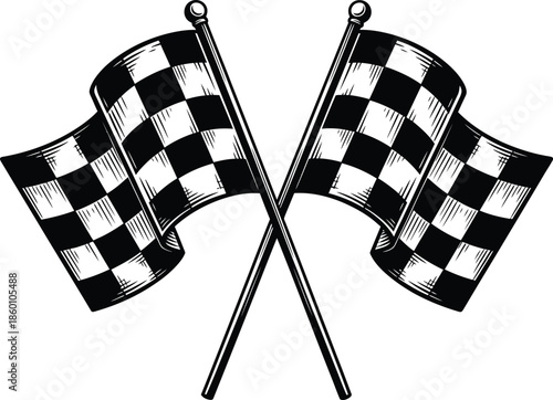 Crossed checkered flags waving in the air