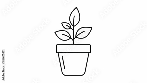 Minimalist Line Art Drawing of a Small Potted Plant with Leaves.