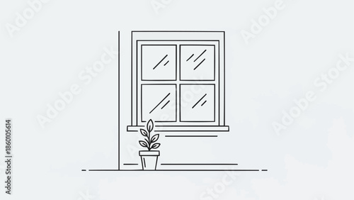 Minimalist Line Art Drawing of a Potted Plant on a Window Sill.