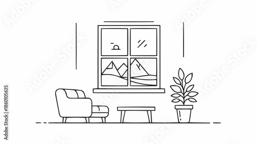 Minimalist Line Art Illustration of a Cozy Living Room with Mountain View.