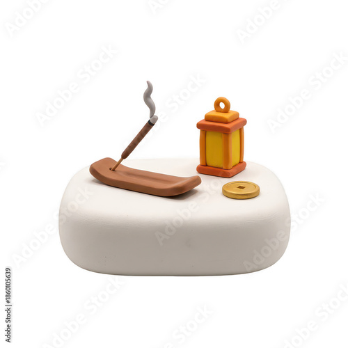 Clay Diorama Of Incense Stick Burning With Smoke And A Small Lantern On A White Plinth Isolated Transparent Background