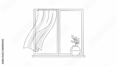 Minimalist Line Art Drawing of a Window with Flowing Curtain and Plant.