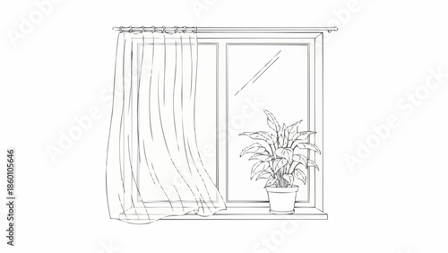 Minimalist Line Art Drawing of a Window with Flowing Curtain and Potted Plant.