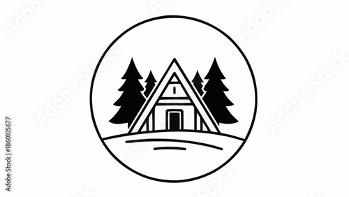 Minimalist A-frame cabin nestled among pine trees in a circle.