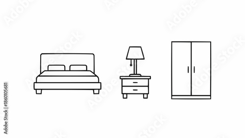 Minimalist bedroom furniture line art illustration.