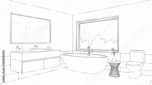 Minimalist Bathroom Sketch with Bathtub and Vanity.