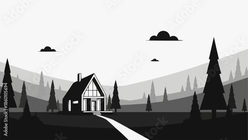Minimalist Black and White Illustration of a Cabin in the Woods.