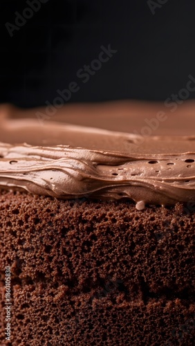 Macro Detail of Moist Chocolate Sponge Cake with Thick Creamy Mousse Frosting Layer
