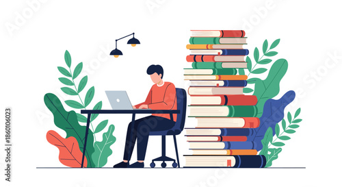Young man working on laptop at desk next to giant stack of books and potted plants represents intense study or remote learning.