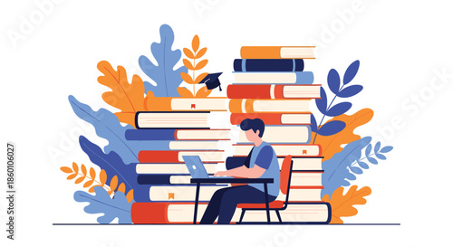 Student sitting at desk using laptop surrounded by huge stacks of books and autumn leaves represents university study or research.