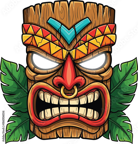 Vibrant tiki mask with colorful tribal patterns and green leaves